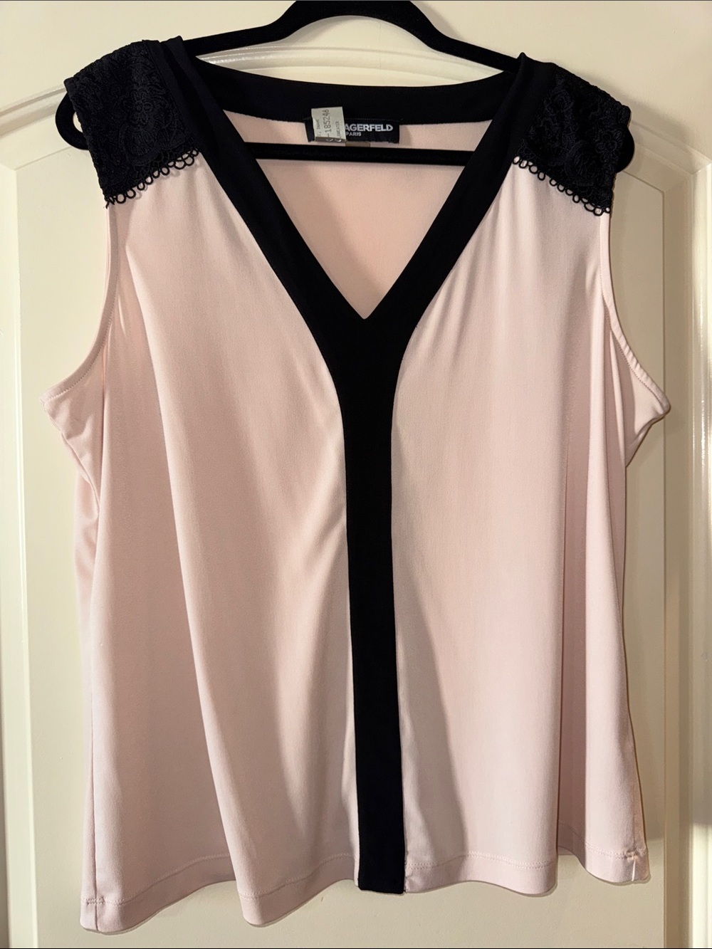 Karl Lagerfeld Blush Pink and Black V-Neck Lace-Shoulder Tank Top XL